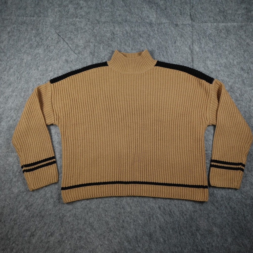 Sanctuary Sweater‎ Women Medium Tan Mock Neck Striped Ribbed Knit Chunky Cozy